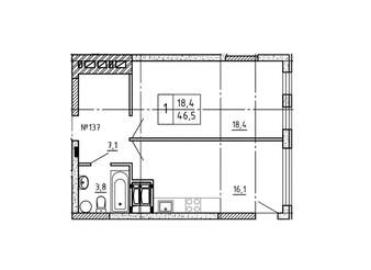 1-комн. новостройки, 46 м<sup>2</sup>, поверх 2/9